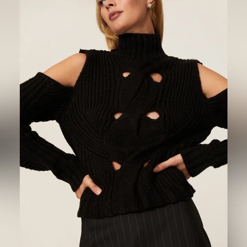For love and Lemons Keke Cutout Turtleneck Cold Shoulder Black Sweater
